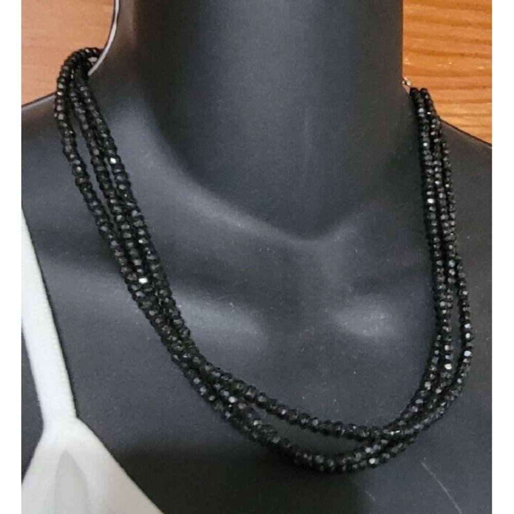 Vintage 3 Strand Sparkly Black Glass Beaded Necklace, Adjustable Retro Necklace